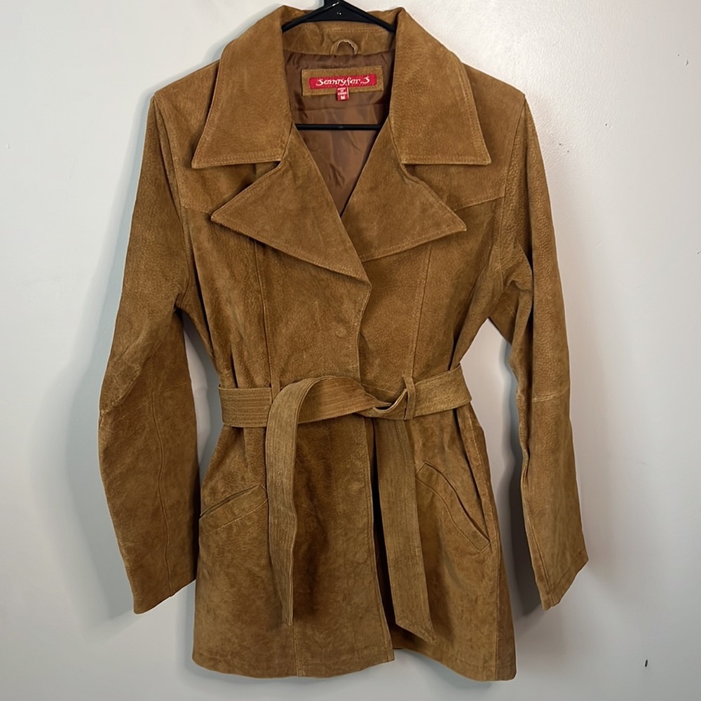 VTG JENNYFER Suede Leather Belted Jacket Snap Buttons Size Medium Tan
